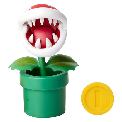 Super Mario Piranha Plant figure with green pipe, red head with white spots and yellow coin