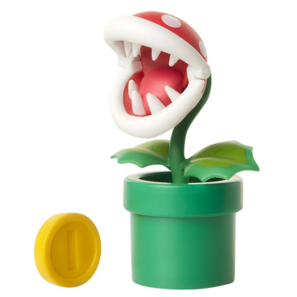 Super Mario Piranha Plant figure with green pipe, red head with white spots and yellow coin