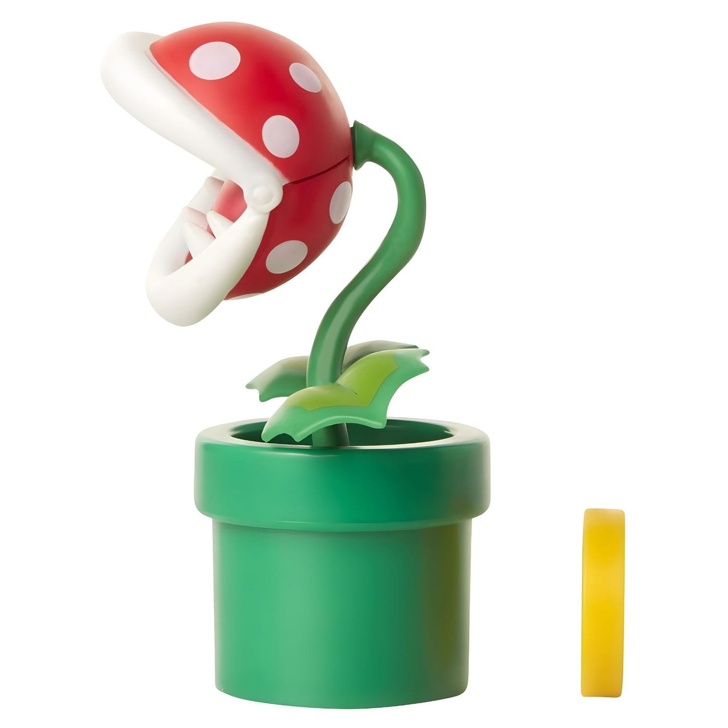 Figura Super Mario Planta Piranha com tubo verde, cabeça vermelha de pintas brancas e moeda amarela