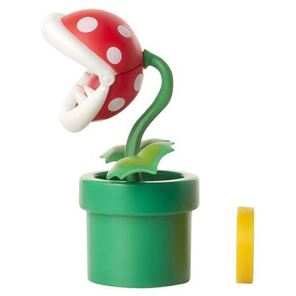 Super Mario Piranha Plant figure with green pipe, red head with white spots and yellow coin