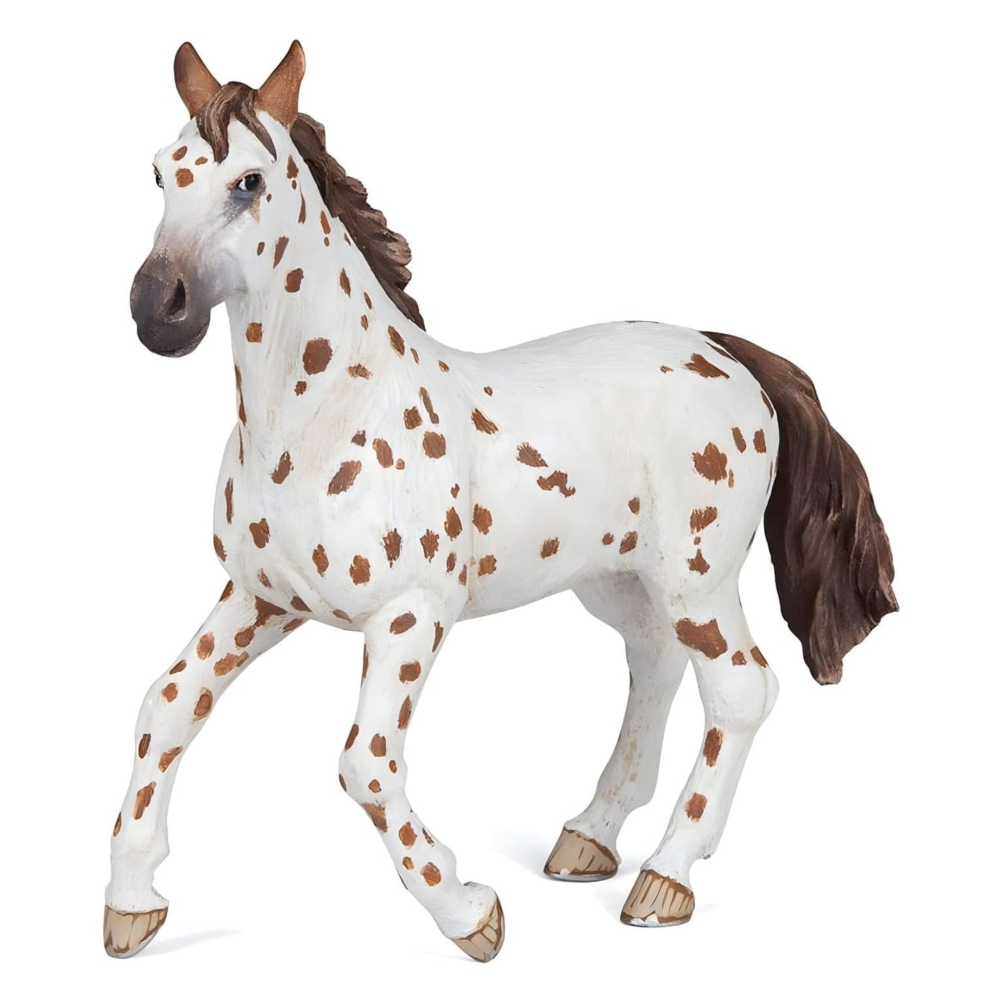 Figura de borracha égua castanha Appaloosa em vista lateral