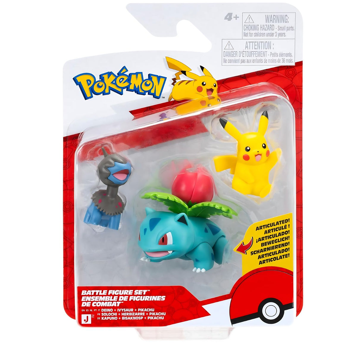 Packaging of the three Pokémon figures Pikachu, Deino and Ivysaur