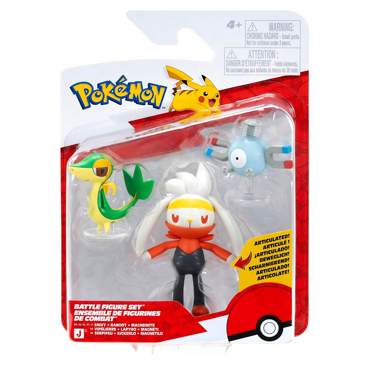 Pokémon figure three-pack with Magnemite, Snivy and Raboot in its packaging