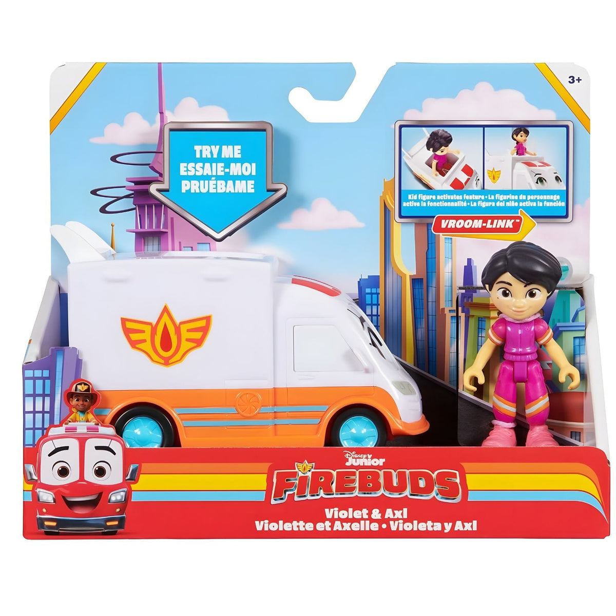 Firebuds Violet and Axl from Disney Junior with figure and rescue vehicle