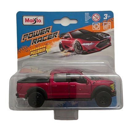Ford F-150 Raptor Pullback 1/43 red by Maisto in packaging and in side view