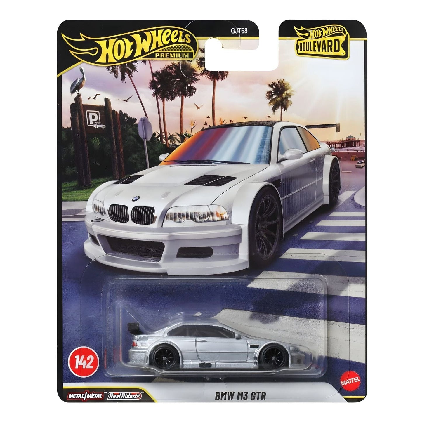 Hot Wheels Boulevard BMW M3 GTR miniatura prateada com asa traseira e jantes pretas na embalagem Boulevard
