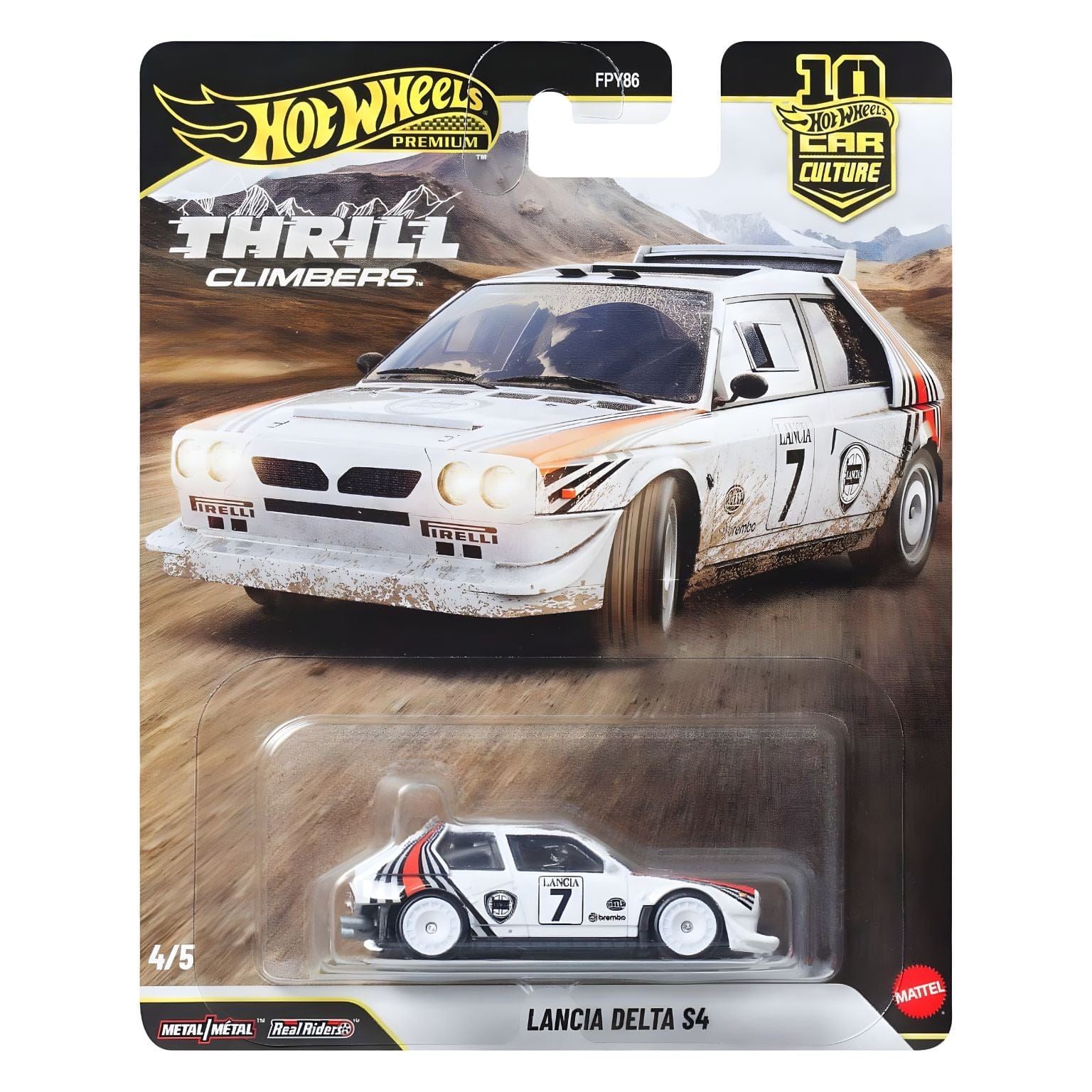 Hot Wheels Lancia Delta S4 branco de rally com riscas vermelhas e pretas e número 7
