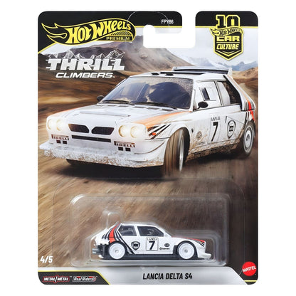 Hot Wheels Lancia Delta S4 white rally car with red and black stripes and number 7