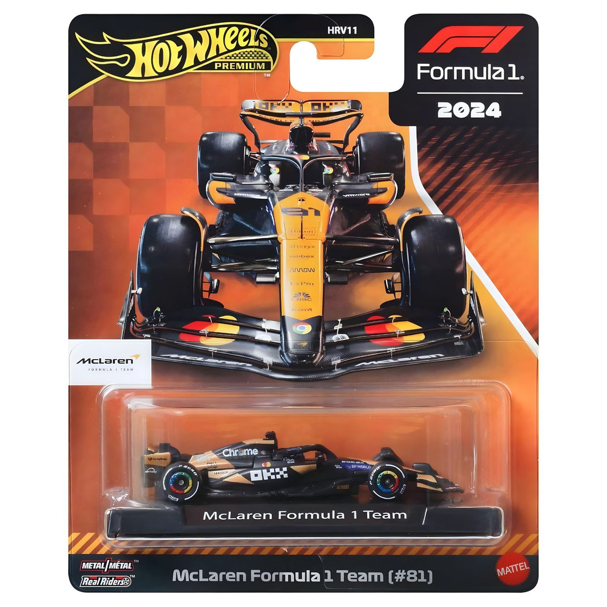 Main image of the Hot Wheels McLaren MCL38 Oscar Piastri No. 81 model car, with papaya and black livery.