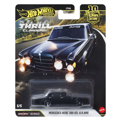 Hot Wheels Mercedes-Benz 300 SEL 6.8 AMG black classic car miniature side view and Car Culture packaging