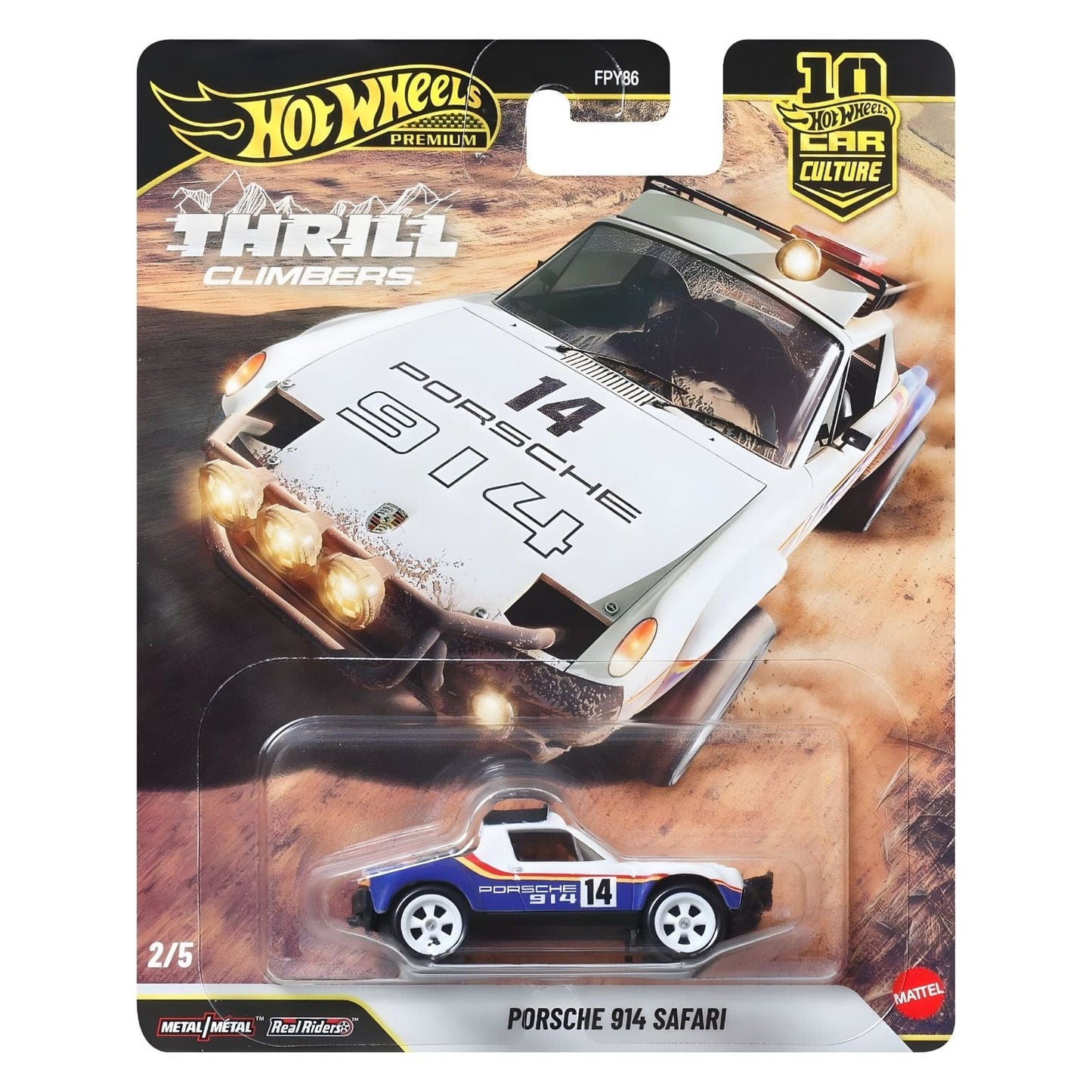 Hot Wheels Porsche 914 Safari miniatura com visual de rally em branco e azul com número 14