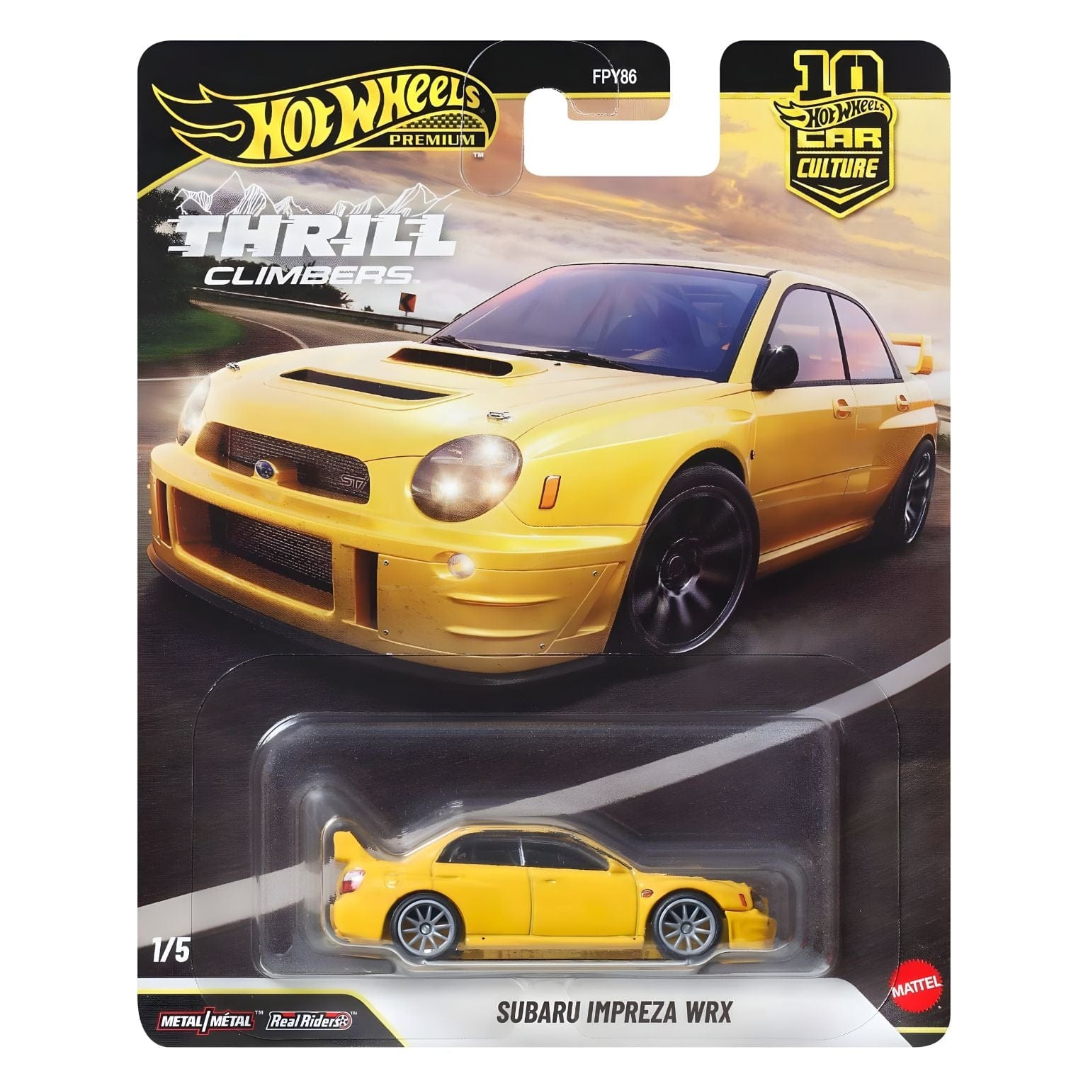 Hot Wheels Subaru Impreza WRX amarelo com aileron e jantes cinza em embalagem Hot Wheels Premium