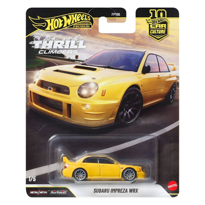 Hot Wheels Subaru Impreza WRX yellow with spoiler and gray rims in Hot Wheels Premium packaging
