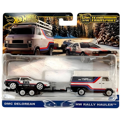 Hot Wheels Team Transport DMC Delorean and Hw Rally Hauler with white truck with red and blue stripes, trailer and number 88 racing DeLorean