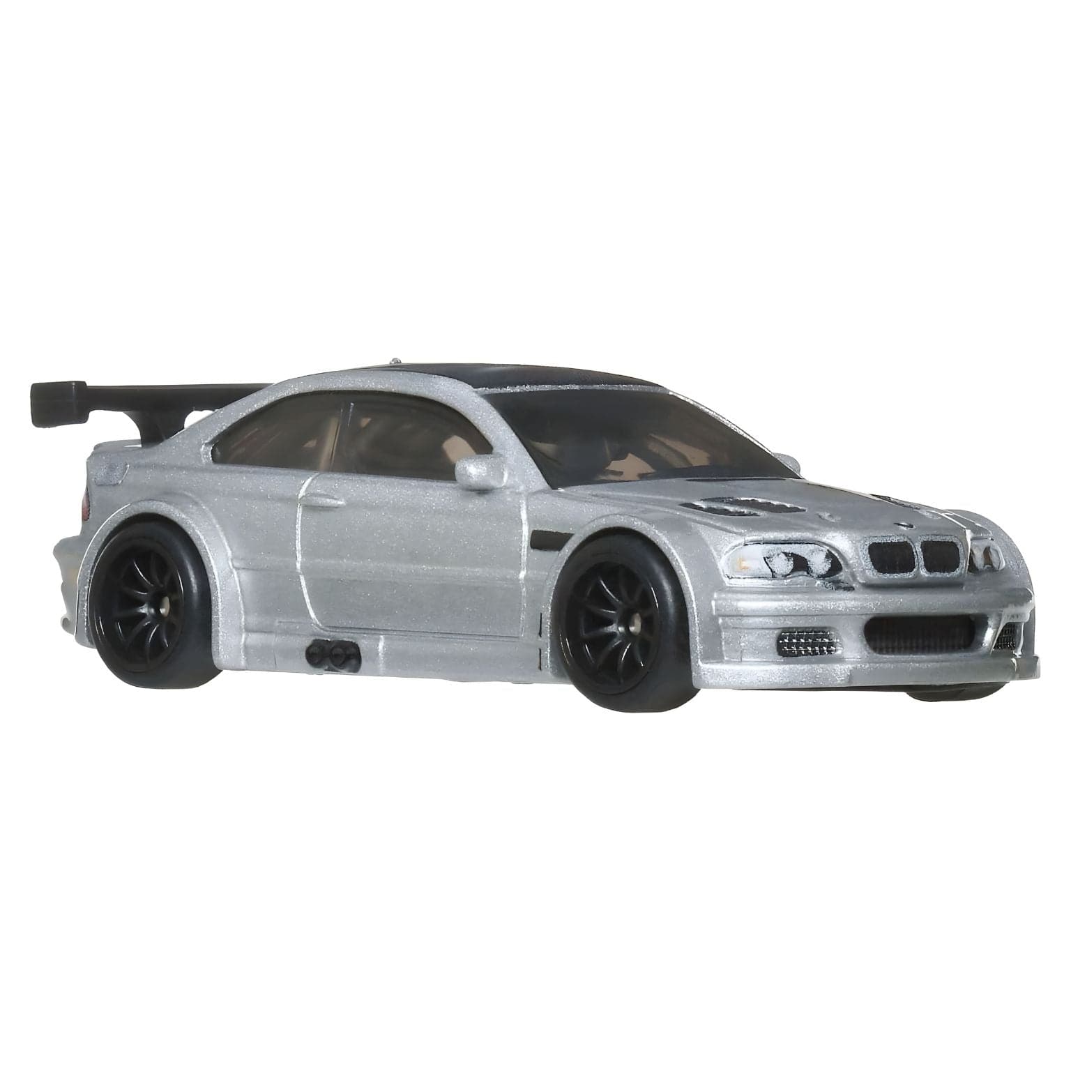 Hot Wheels Boulevard BMW M3 GTR miniatura prateada com asa traseira e jantes pretas na embalagem Boulevard