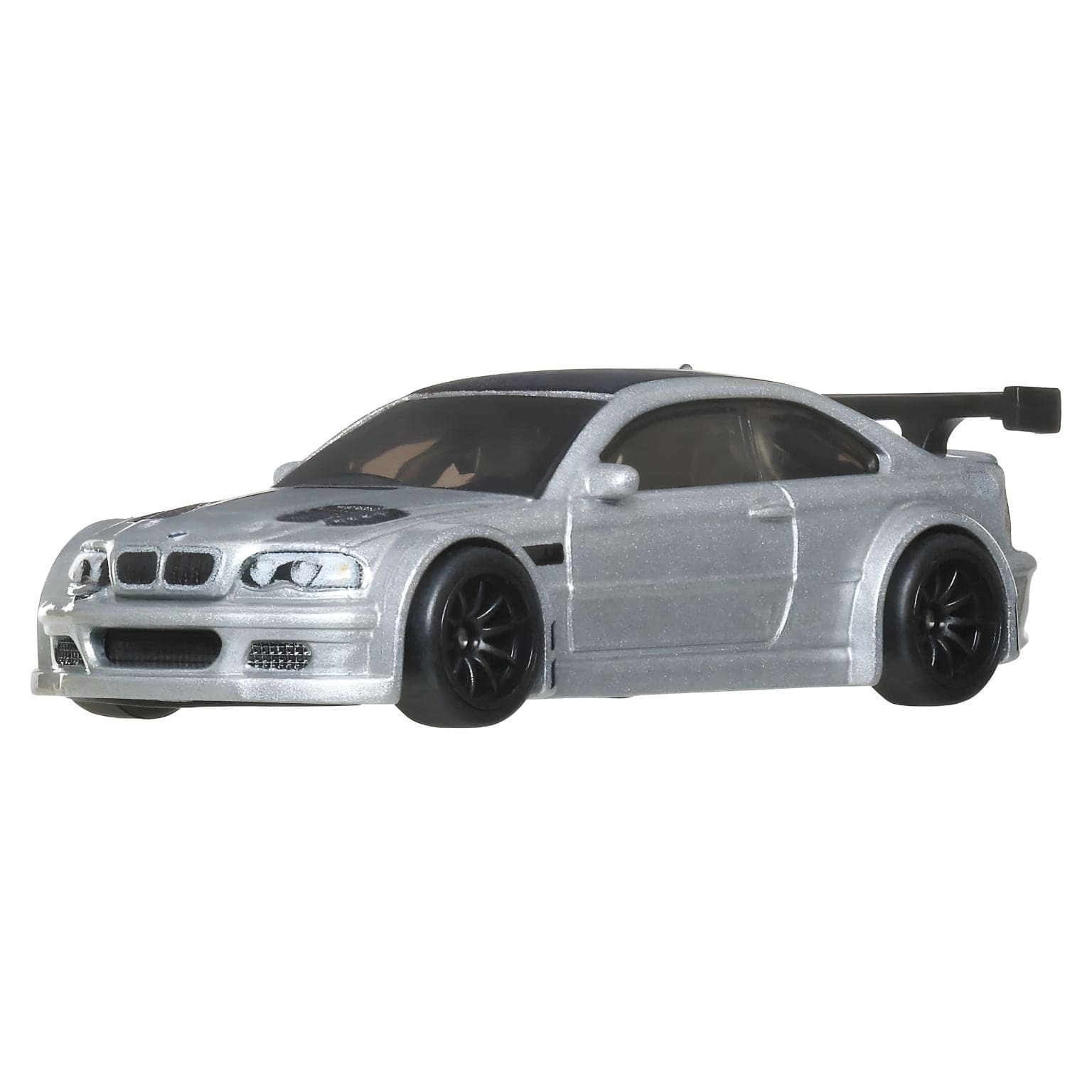 Hot Wheels Boulevard BMW M3 GTR miniatura prateada com asa traseira e jantes pretas na embalagem Boulevard