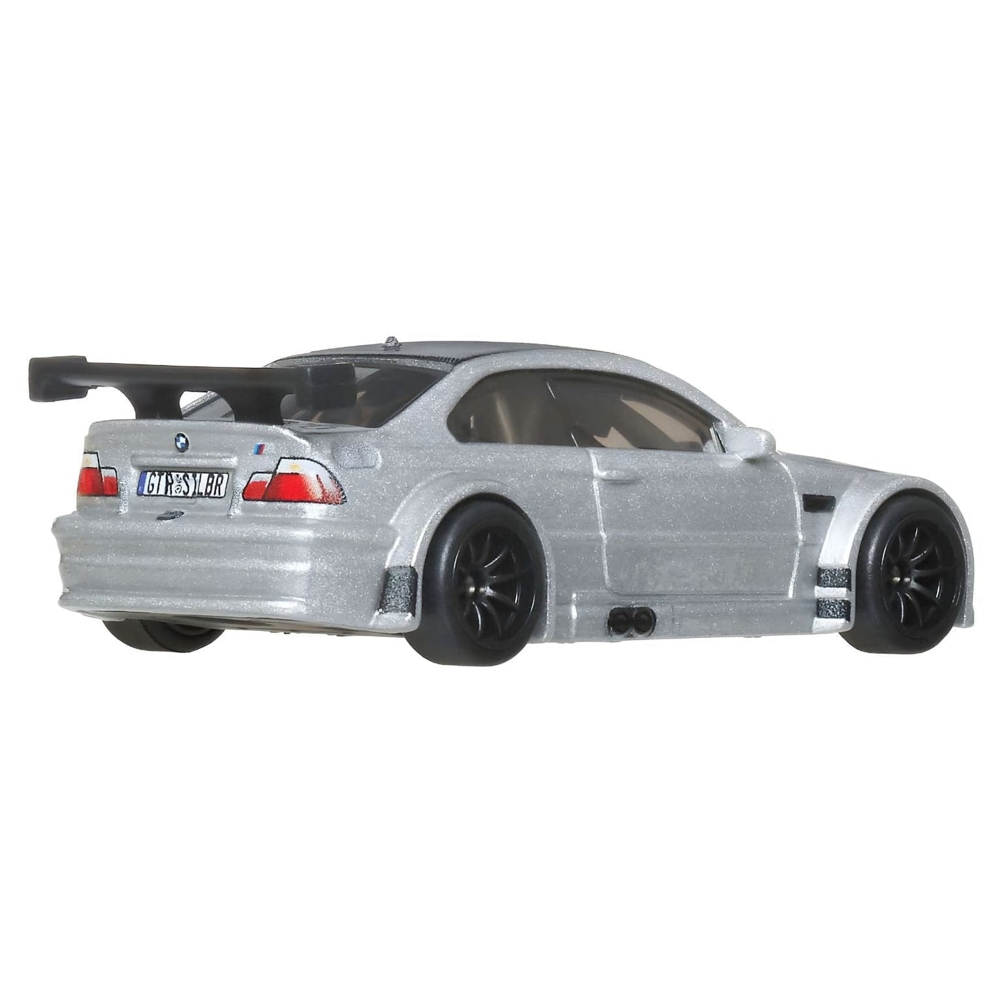 Hot Wheels Boulevard BMW M3 GTR miniatura prateada com asa traseira e jantes pretas na embalagem Boulevard