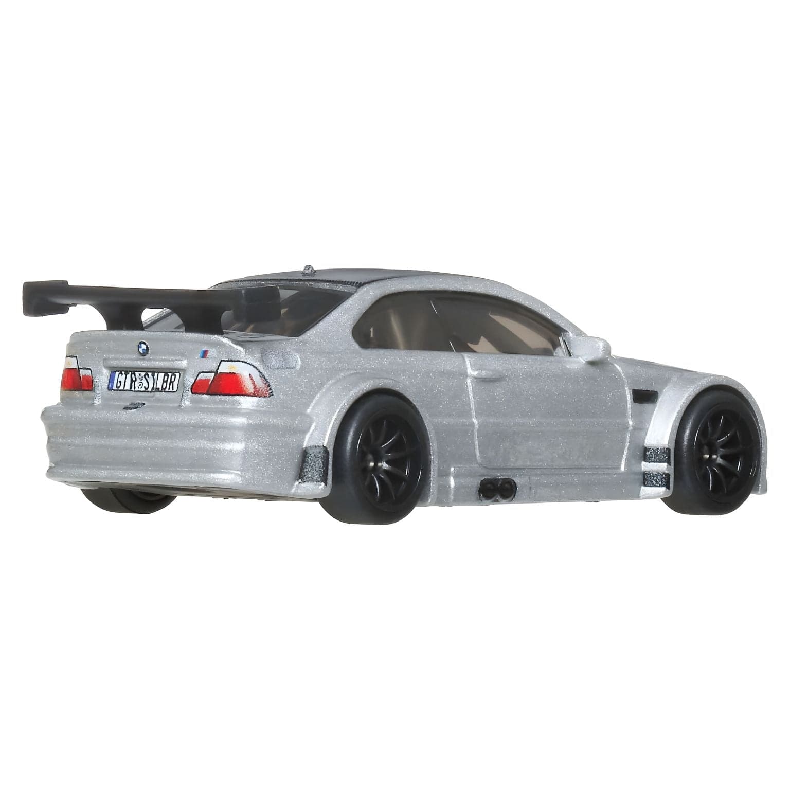 Hot Wheels Boulevard BMW M3 GTR miniatura prateada com asa traseira e jantes pretas na embalagem Boulevard