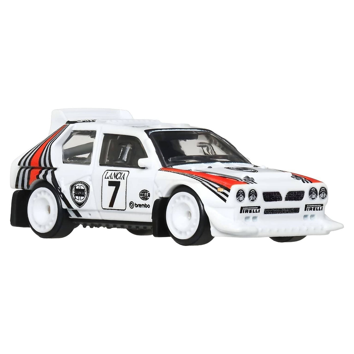 Hot Wheels Lancia Delta S4 branco de rally com riscas vermelhas e pretas e número 7