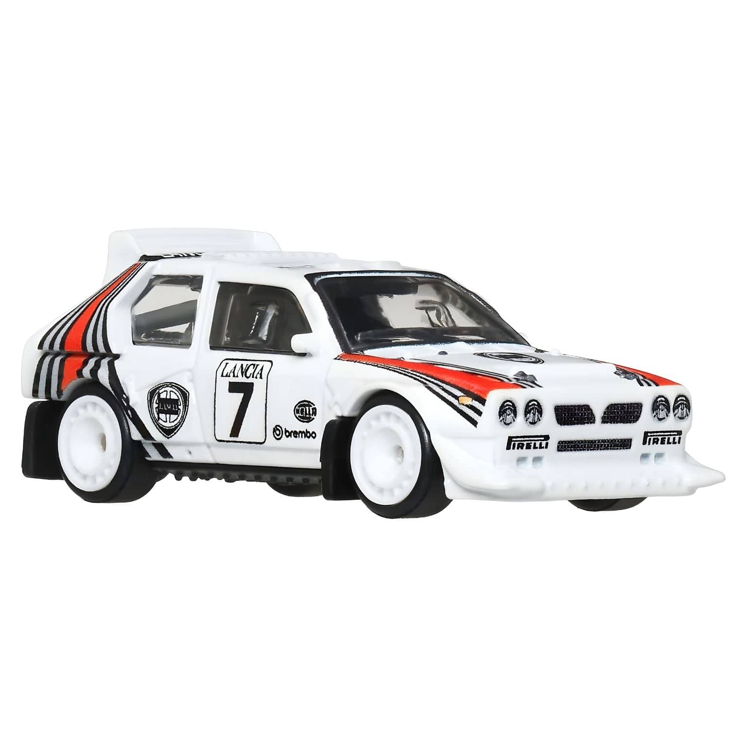 Hot Wheels Lancia Delta S4 branco de rally com riscas vermelhas e pretas e número 7