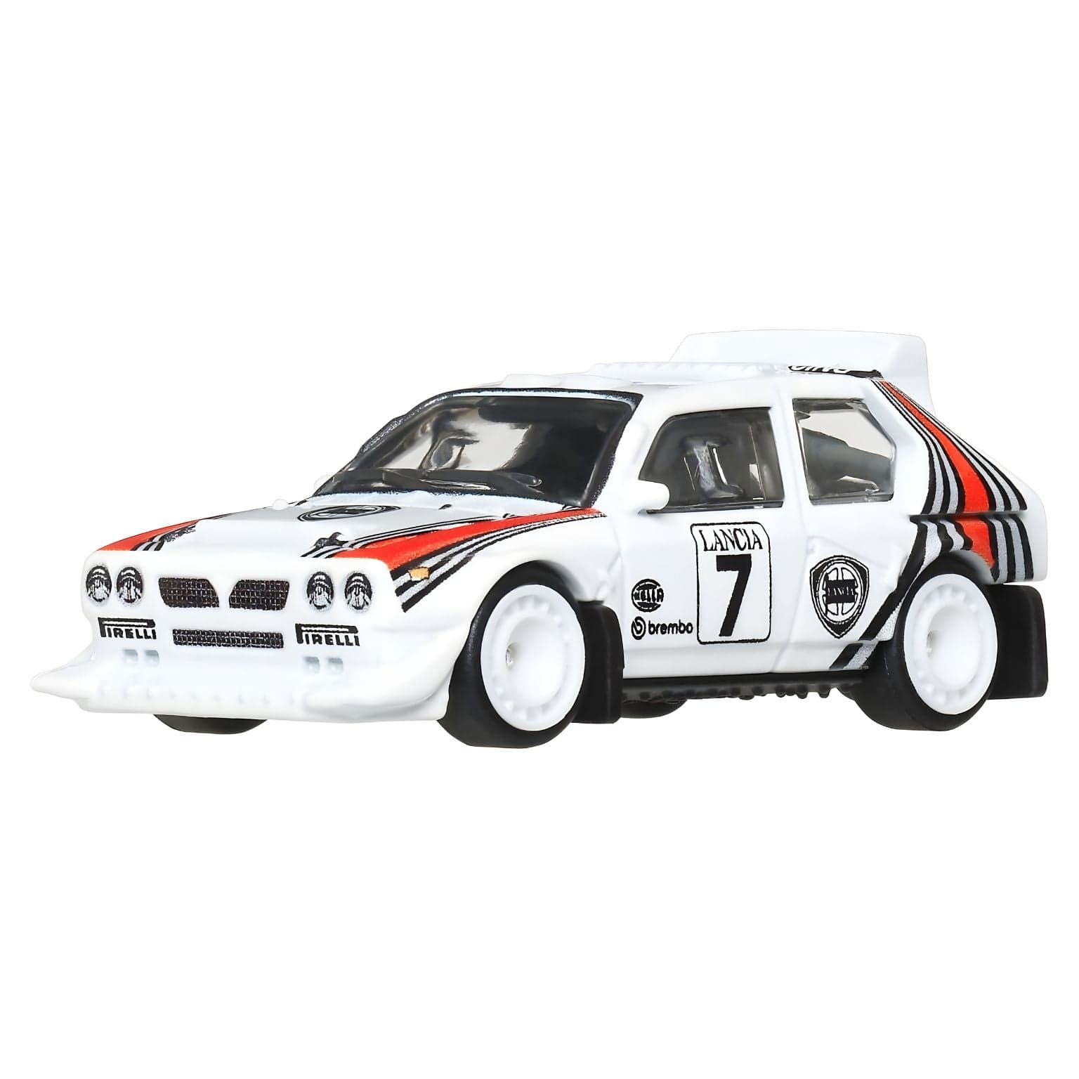 Hot Wheels Lancia Delta S4 branco de rally com riscas vermelhas e pretas e número 7