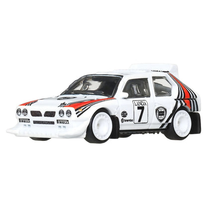 Hot Wheels Lancia Delta S4 white rally car with red and black stripes and number 7
