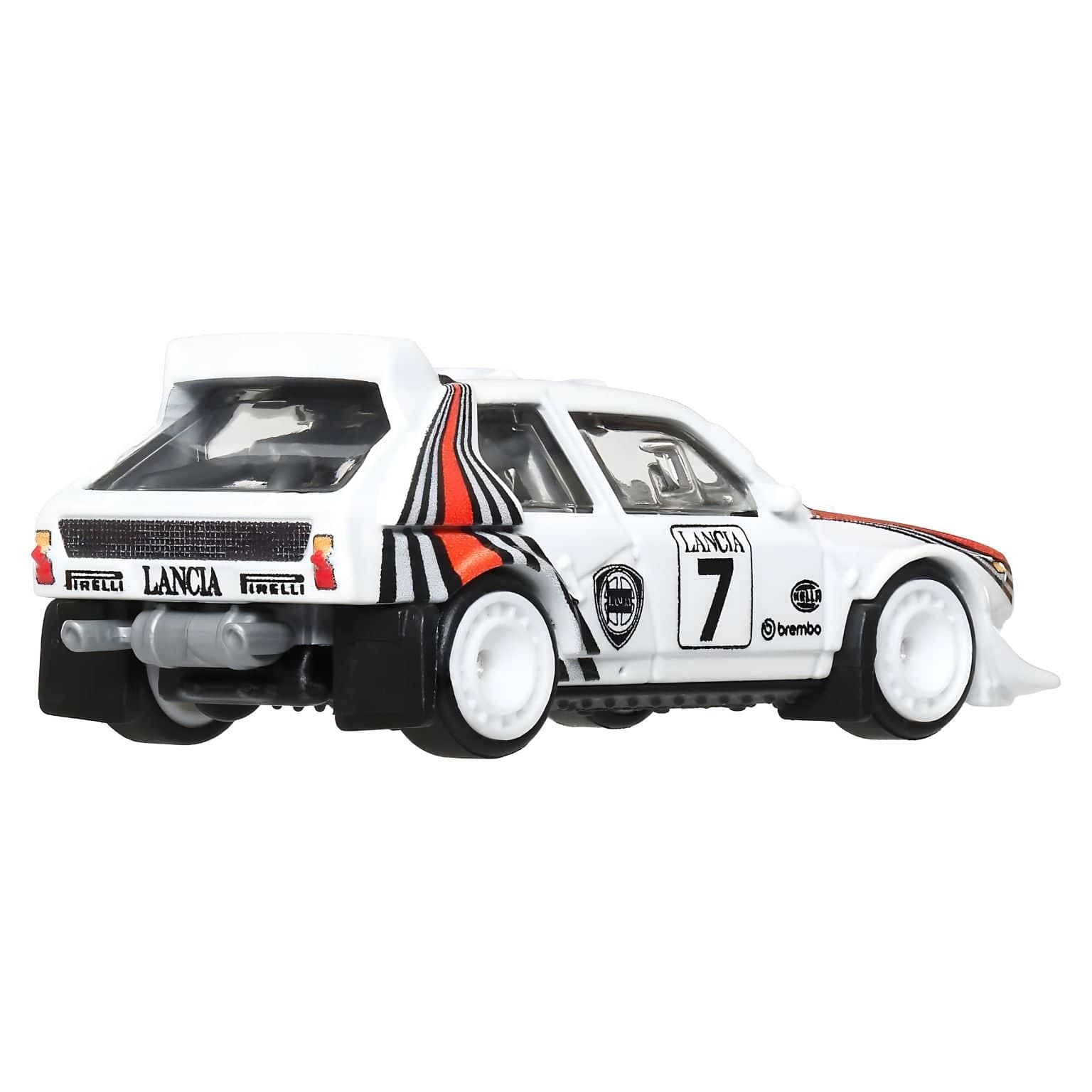 Hot Wheels Lancia Delta S4 branco de rally com riscas vermelhas e pretas e número 7