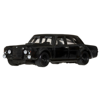 Hot Wheels Mercedes-Benz 300 SEL 6.8 AMG black classic car miniature side view and Car Culture packaging