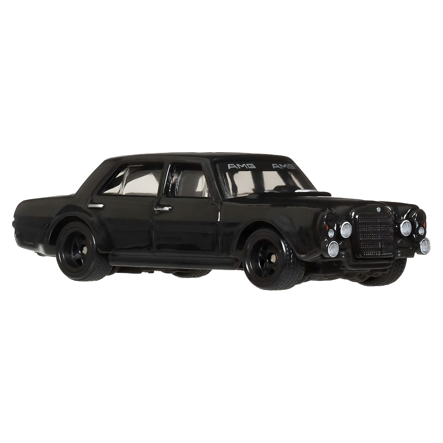 Hot Wheels Mercedes-Benz 300 SEL 6.8 AMG preto carro clássico em miniatura vista lateral e embalagem Car Culture