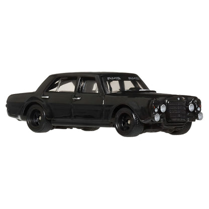 Hot Wheels Mercedes-Benz 300 SEL 6.8 AMG black classic car miniature side view and Car Culture packaging