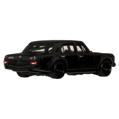 Hot Wheels Mercedes-Benz 300 SEL 6.8 AMG black classic car miniature side view and Car Culture packaging