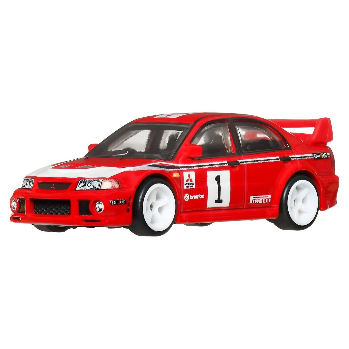 Hot Wheels Mitsubishi Lancer Evolution VI vermelho estilo rally número 1 rodas brancas aileron traseiro