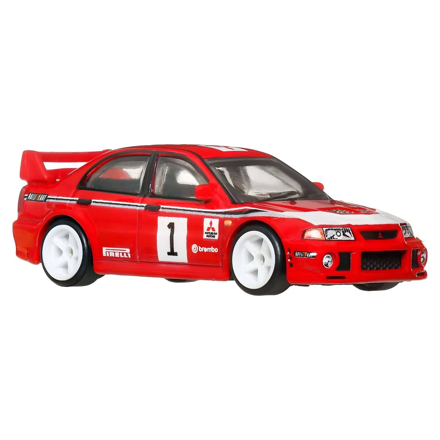 Hot Wheels Mitsubishi Lancer Evolution VI vermelho estilo rally número 1 rodas brancas aileron traseiro