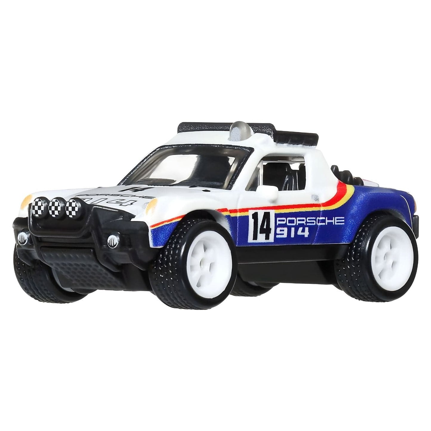 Hot Wheels Porsche 914 Safari miniatura com visual de rally em branco e azul com número 14