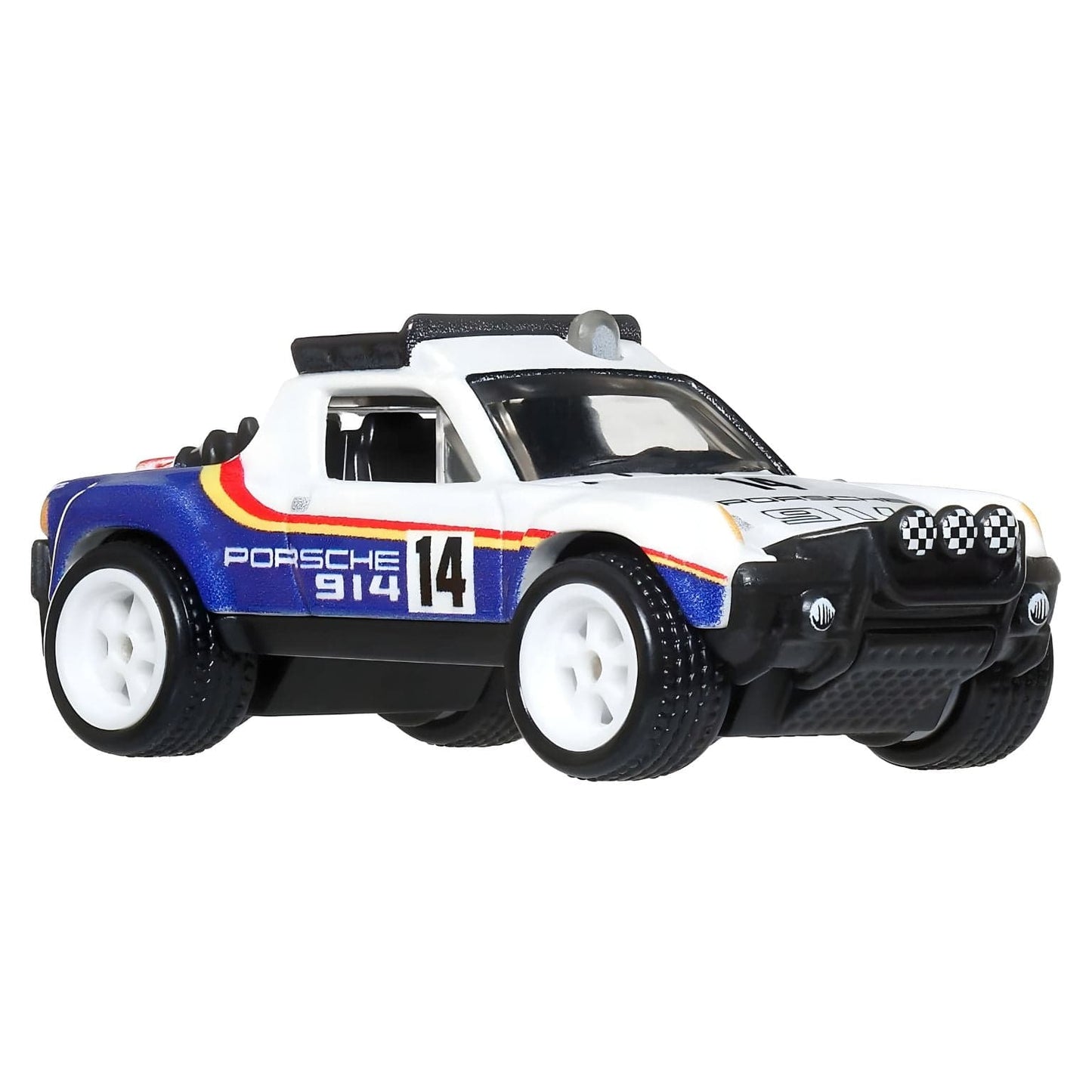 Hot Wheels Porsche 914 Safari miniatura com visual de rally em branco e azul com número 14