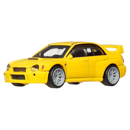 Hot Wheels Subaru Impreza WRX yellow with spoiler and gray rims in Hot Wheels Premium packaging