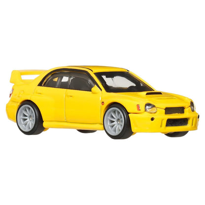 Hot Wheels Subaru Impreza WRX yellow with spoiler and gray rims in Hot Wheels Premium packaging