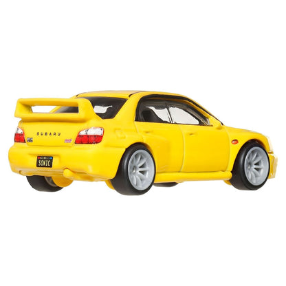 Hot Wheels Subaru Impreza WRX yellow with spoiler and gray rims in Hot Wheels Premium packaging