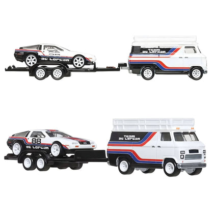 Hot Wheels Team Transport DMC Delorean and Hw Rally Hauler with white truck with red and blue stripes, trailer and number 88 racing DeLorean