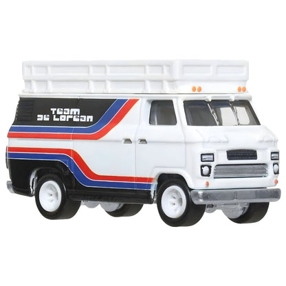 Hot Wheels Team Transport DMC Delorean and Hw Rally Hauler with white truck with red and blue stripes, trailer and number 88 racing DeLorean
