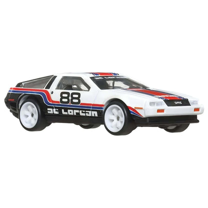 Hot Wheels Team Transport DMC Delorean and Hw Rally Hauler with white truck with red and blue stripes, trailer and number 88 racing DeLorean