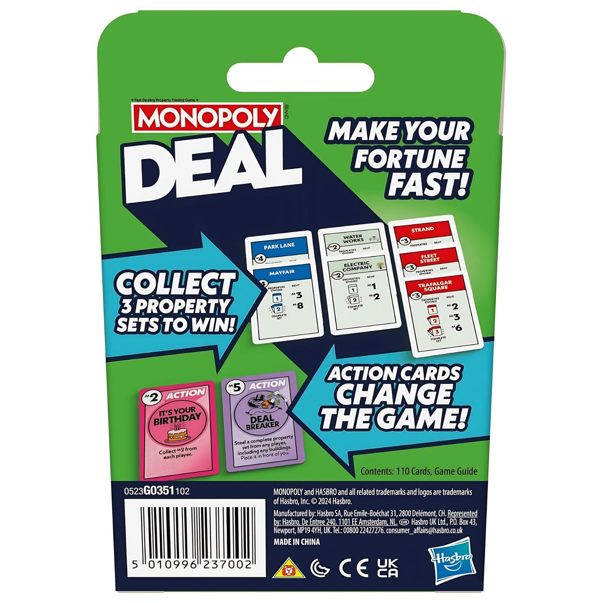 Hasbro Monopoly Deal in English, game box and cards featured