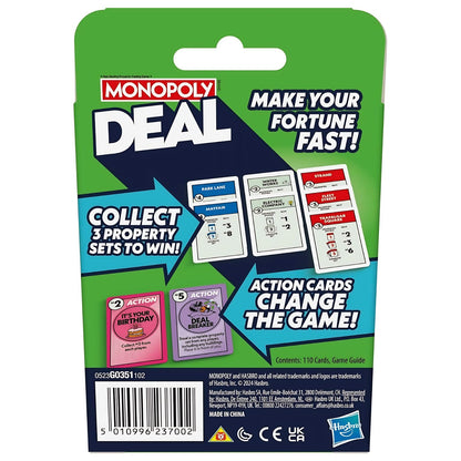 Hasbro Monopoly Deal in English, game box and cards featured