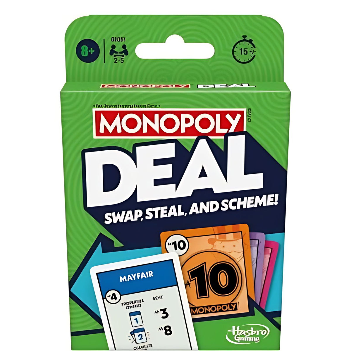 Green Hasbro Monopoly Deal card game box in English with illustrated cards