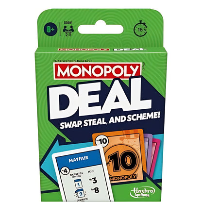 Green Hasbro Monopoly Deal card game box in English with illustrated cards