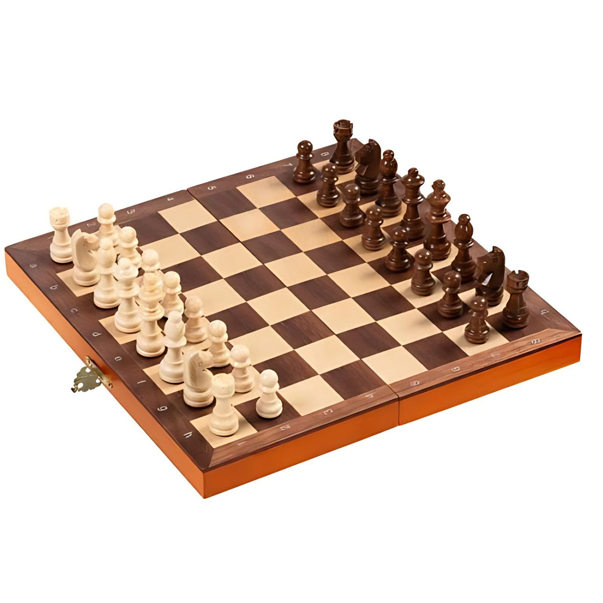 Magnetic chess with pieces in two colours and a wooden box