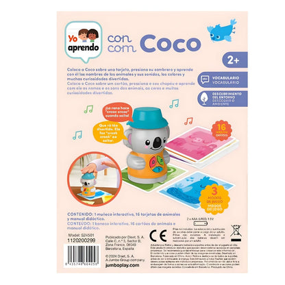Child playing with "I Learn" Game: "I Learn with Coco" by Diset with illustrated cards and interactive doll