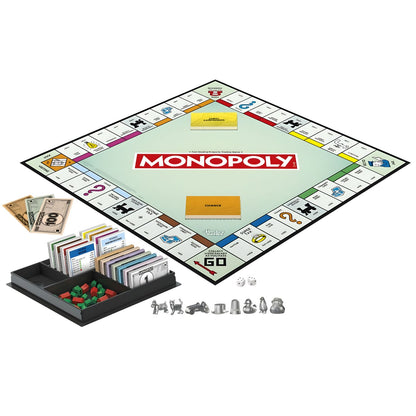 Monopoly Clássico em inglês com tabuleiro aberto, oito peões e organizador do banqueiro