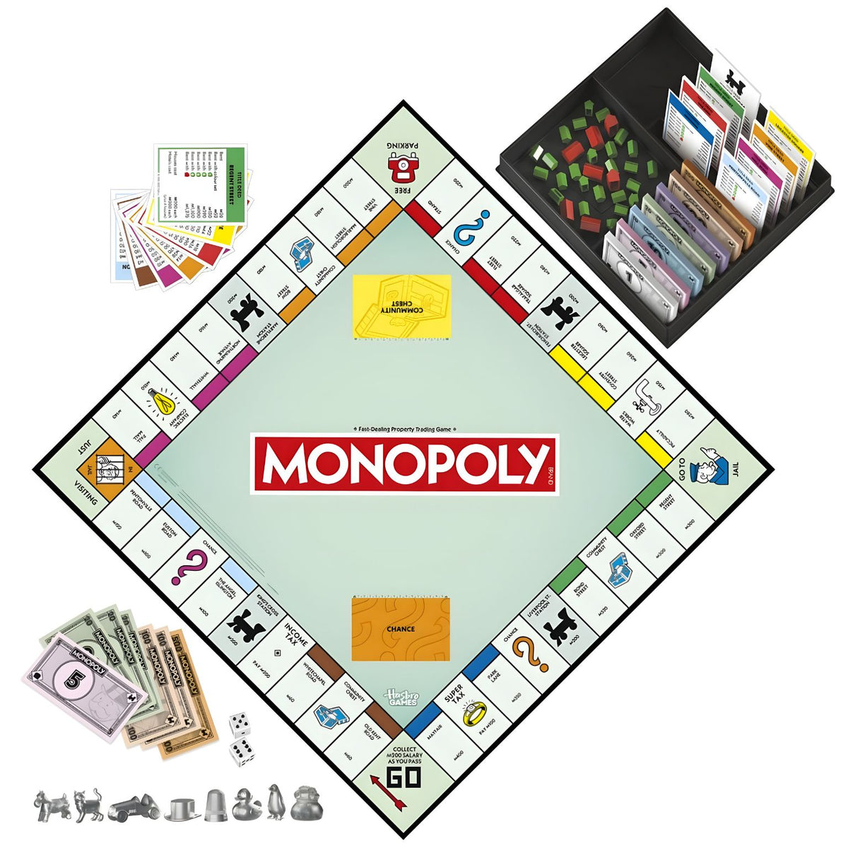 Vista superior do tabuleiro Monopoly em inglês, com dinheiro, cartas, dados e oito peões