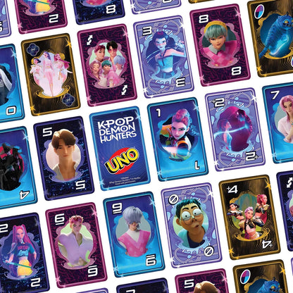 Themed cards of Uno K-Pop Demon Hunters Game with K-Pop inspired visuals